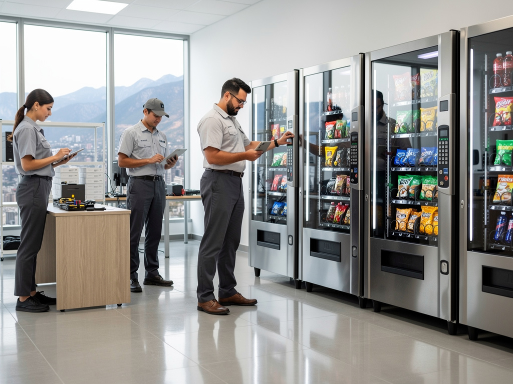 Técnicos inspeccionando máquinas expendedoras de snacks y bebidas en oficina moderna