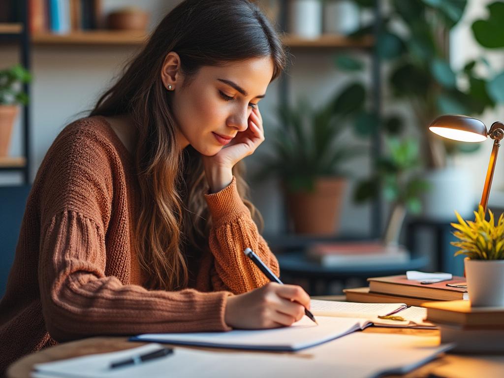 Mujer joven estudiando en su escritorio con lámpara y plantas al fondo.