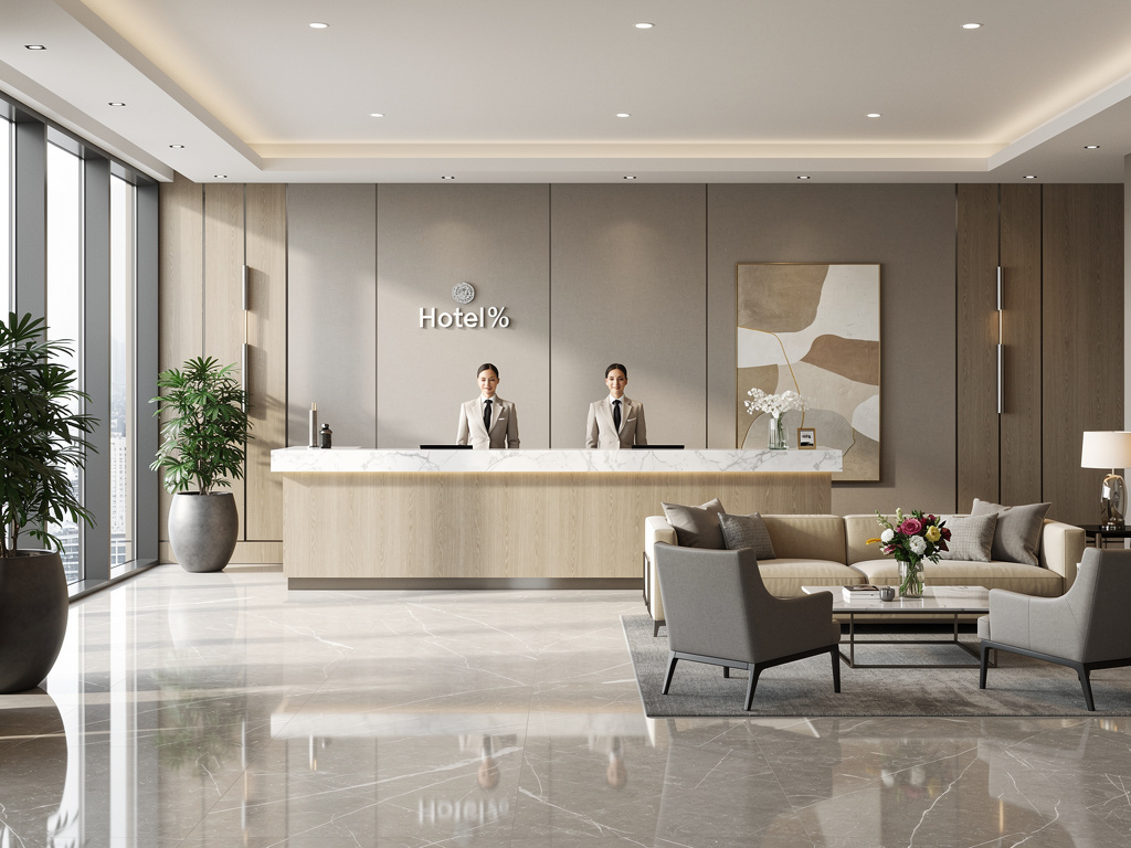 Recepción moderna de hotel de lujo con mostrador de mármol, personal, zona de espera elegante y grandes ventanales