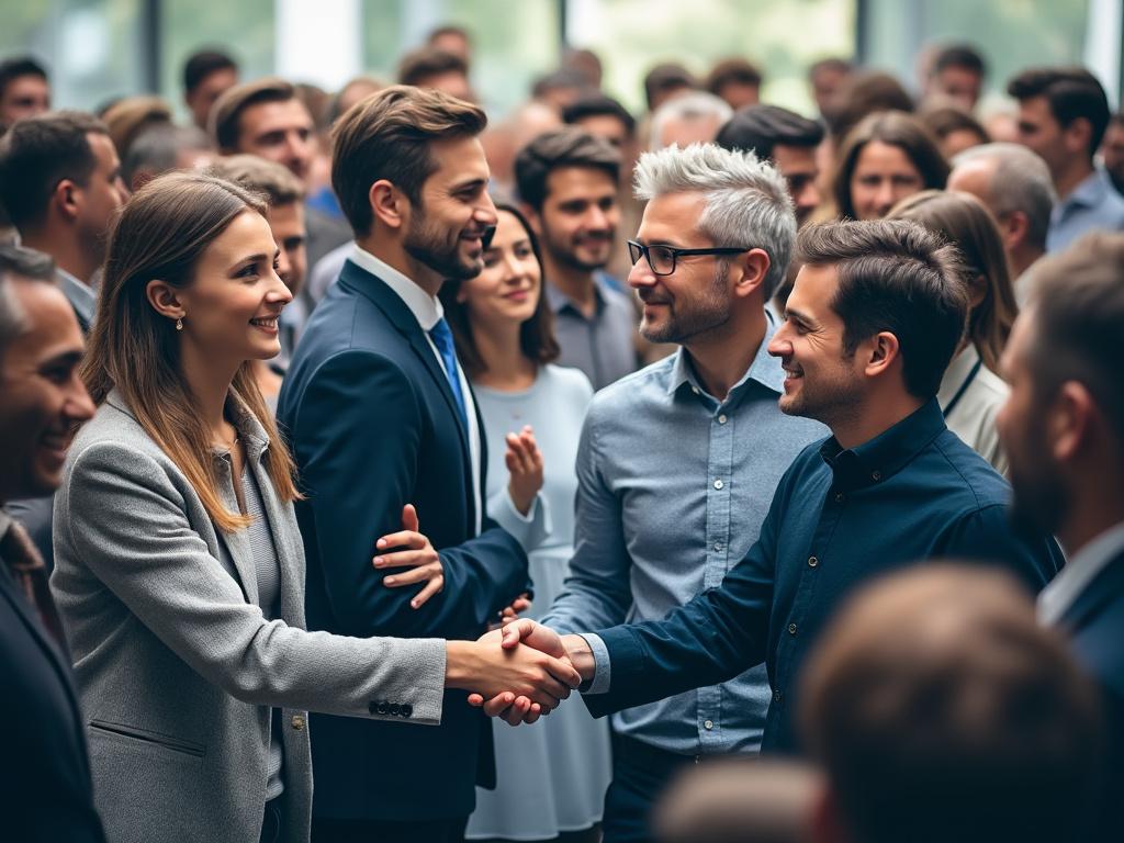 Personas sonriendo y dándose la mano en un evento empresarial concurrido.