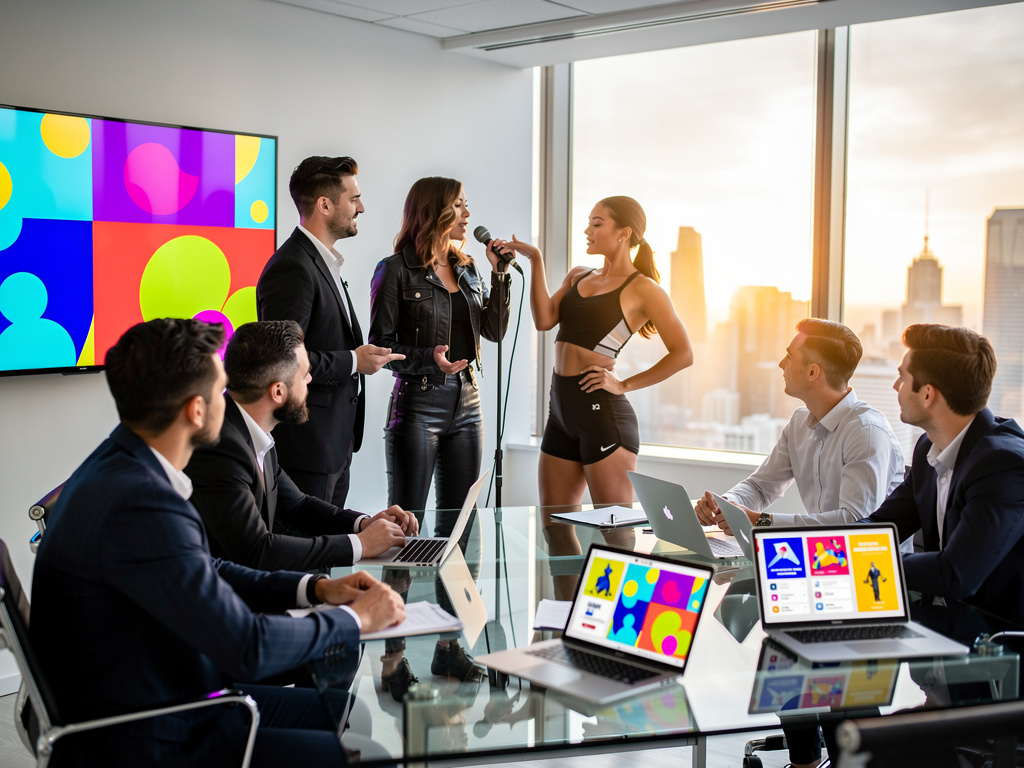 Reunión de marketing en oficina moderna con presentación de campaña digital e influencer fitness frente a ejecutivos Reunión de marketing en oficina moderna con presentación de campaña digital e influencer fitness frente a ejecutivos