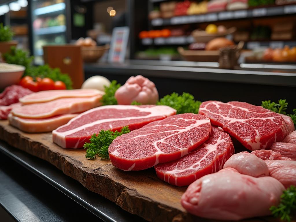 Varios cortes de carne cruda en una tabla de madera en una carnicería, acompañados de hierbas frescas y otros ingredientes en el fondo.