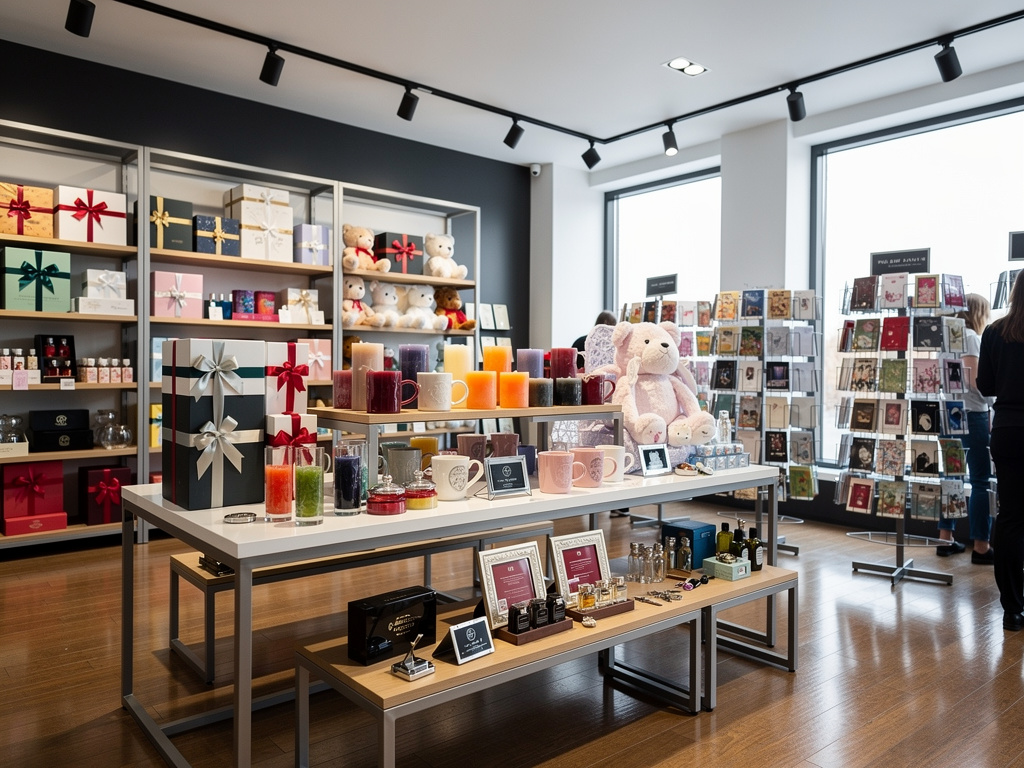 Tienda de regalos moderna con cajas decorativas, velas, tazas, peluches y tarjetas en exhibición
