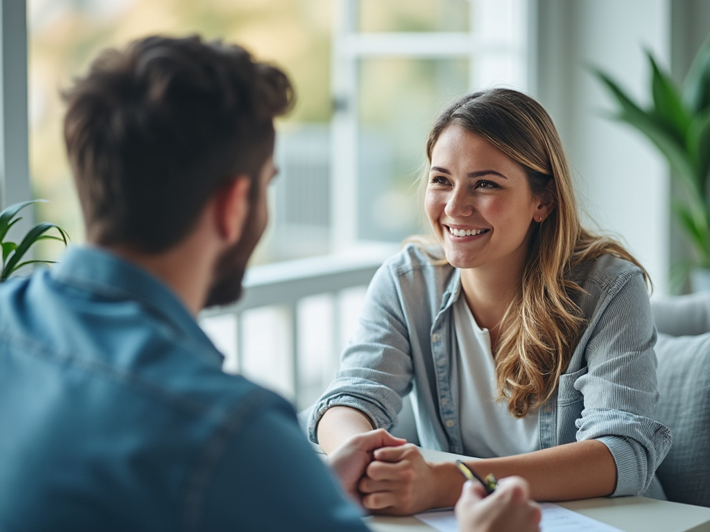 Smiling woman having a friendly consultation with a man in a bright modern office Smiling woman having a friendly consultation with a man in a bright modern office