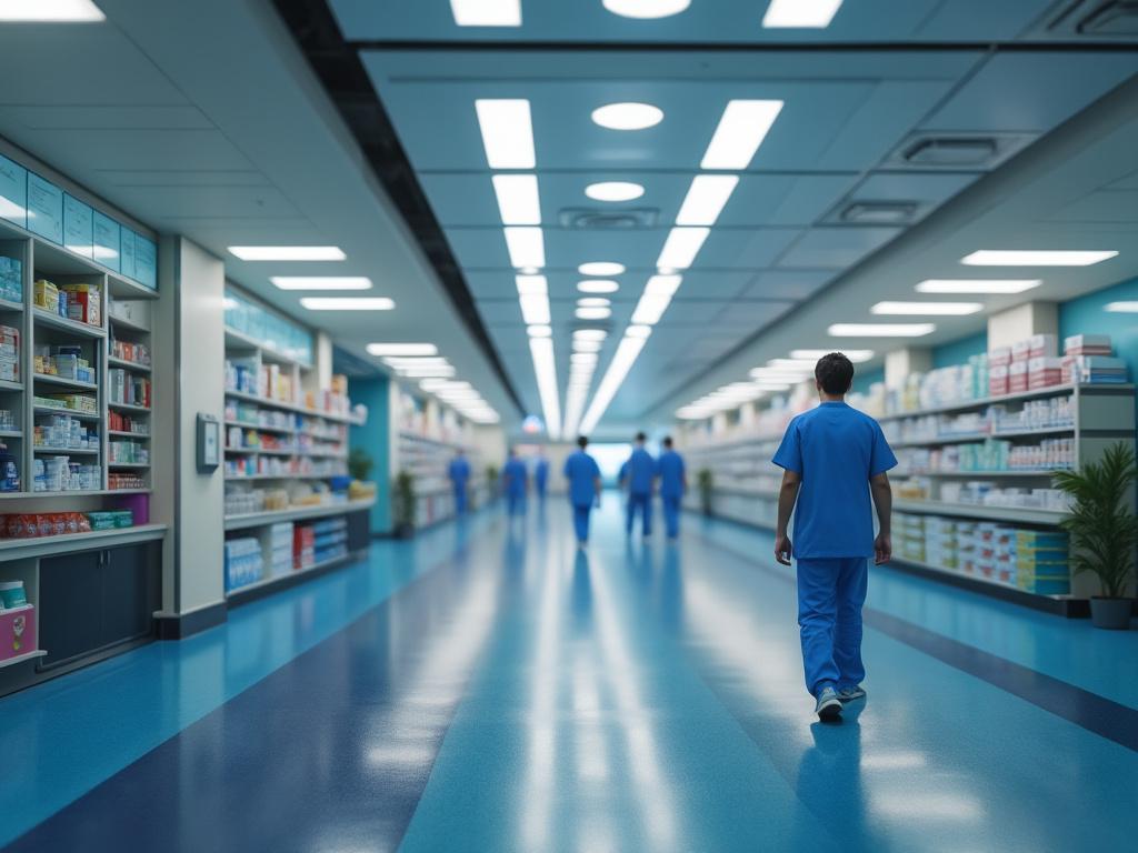 Personal médico caminando por un pasillo de hospital con estanterías llenas de suministros médicos a la izquierda.