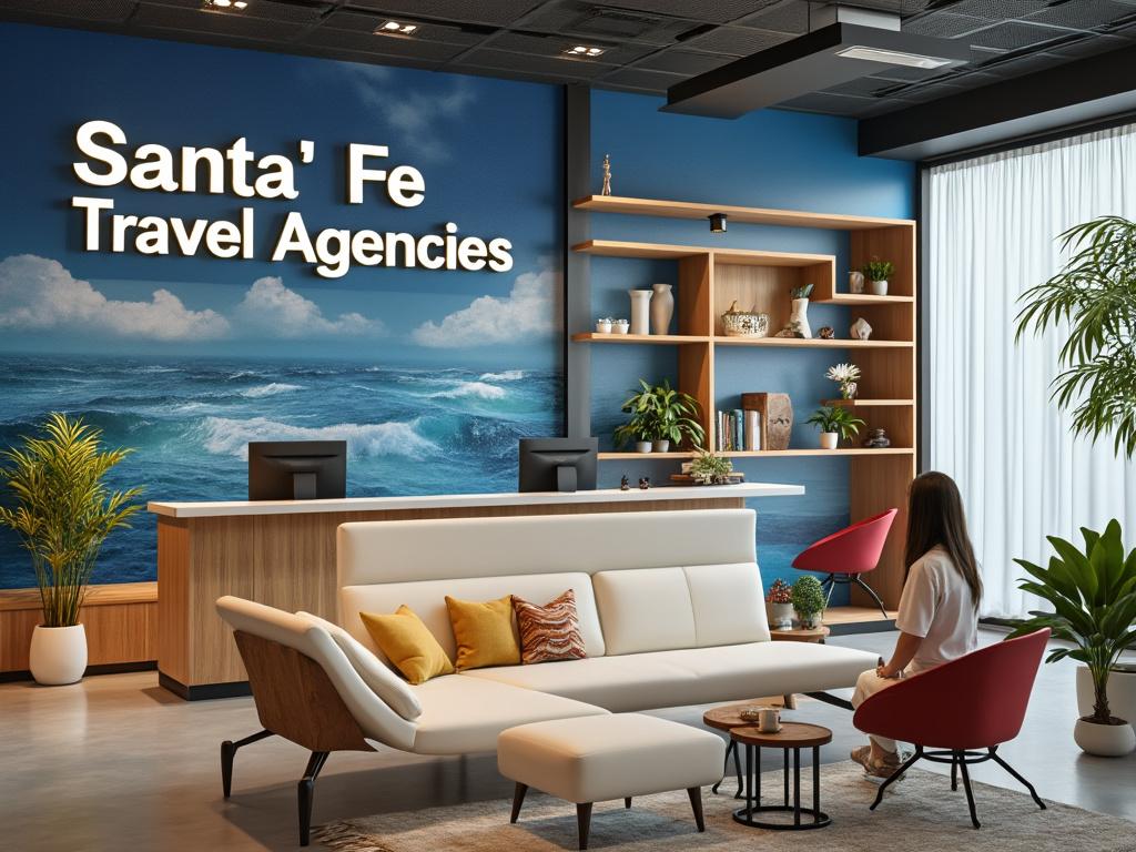 Recepción de agencia de viajes moderna con sofá blanco, decoración de plantas y fondo de océano.