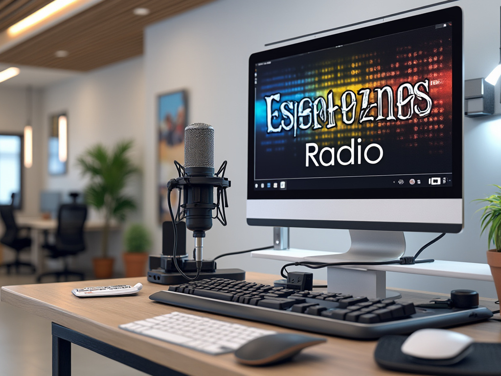 Oficina moderna con computadora y micrófono de podcast, pantalla mostrando 'Equipozines Radio'. Oficina moderna con computadora y micrófono de podcast, pantalla mostrando 'Equipozines Radio'.