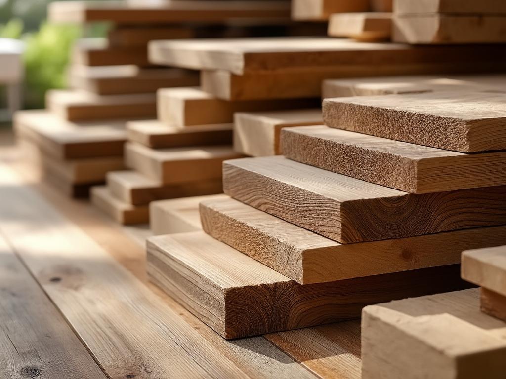 Tablas de madera apiladas en diferentes tamaños, mostrando textura y vetas naturales.