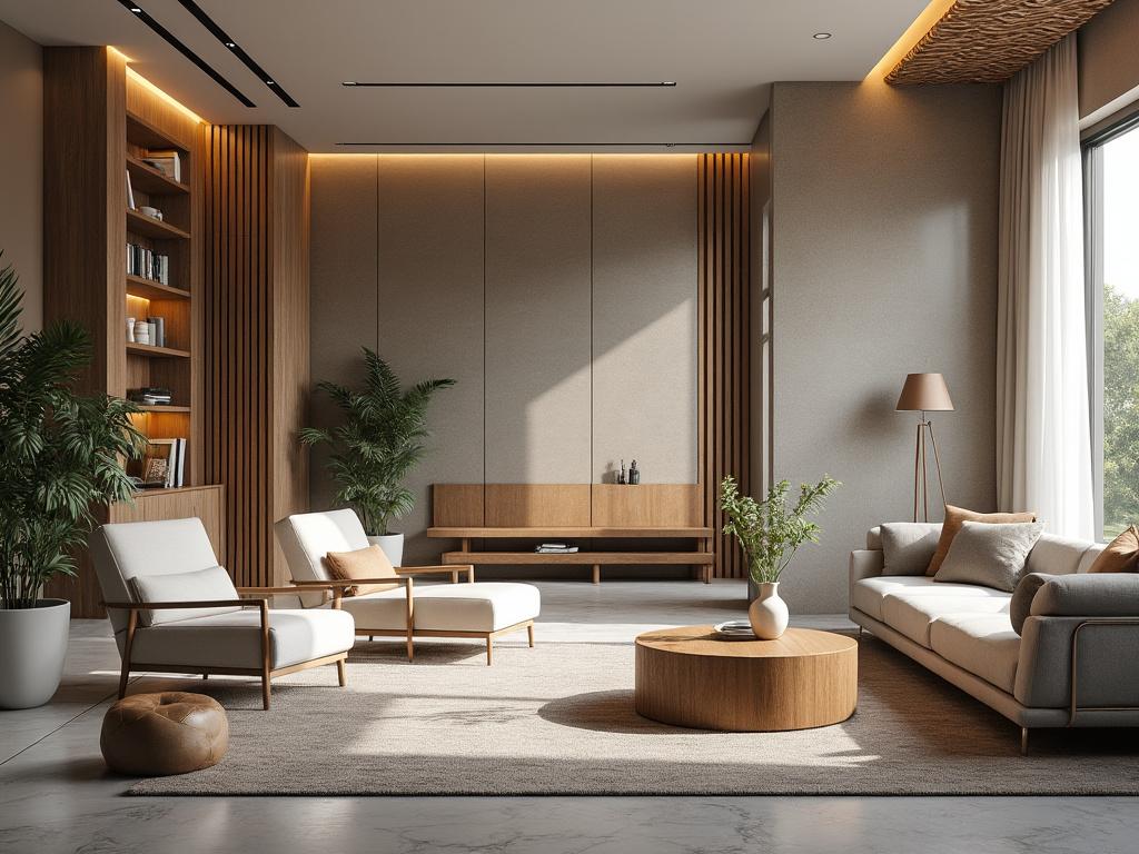Modern living room with neutral tones, featuring large windows, a round wooden coffee table, comfortable seating, and indoor plants.
