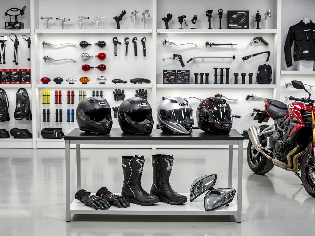 Tienda de accesorios para motocicleta con cascos, guantes, botas y moto deportiva roja en exhibición