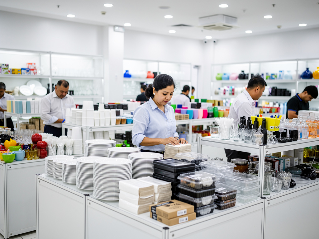 Empleados organizan platos, vasos y envases en una tienda mayorista de artículos para hostelería