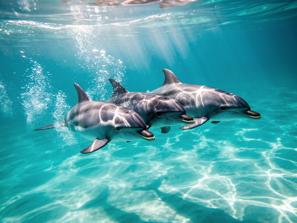Tres delfines nadando bajo el agua en un mar turquesa con rayos de sol y burbujas