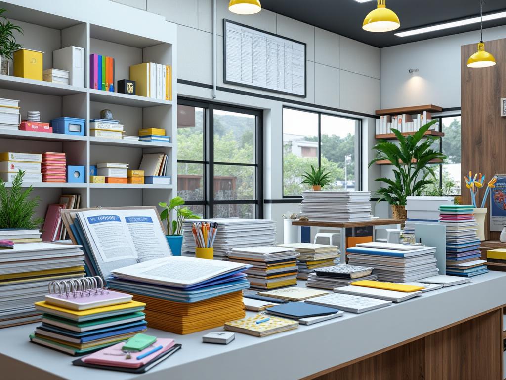 Oficina moderna con estantes llenos de libros y papelería, mesas organizadas, plantas verdes y ventanas grandes.