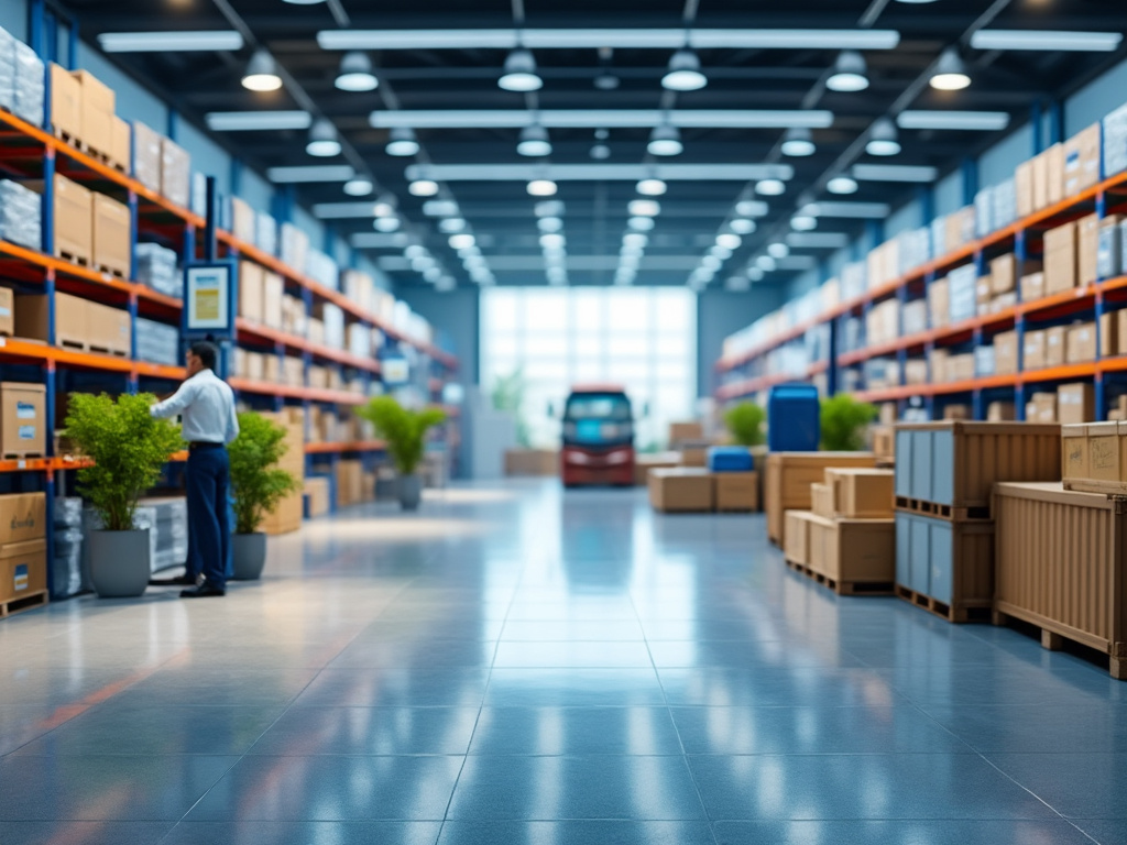 Almacén moderno con estanterías llenas de cajas, un trabajador organizando mercancía, plantas decorativas y un montacargas al fondo.