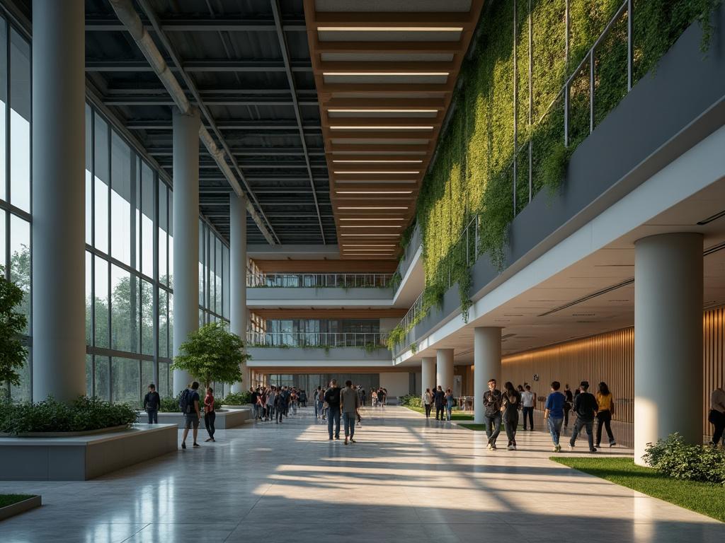 Vestíbulo moderno con grandes ventanales, plantas en interior y personas paseando.