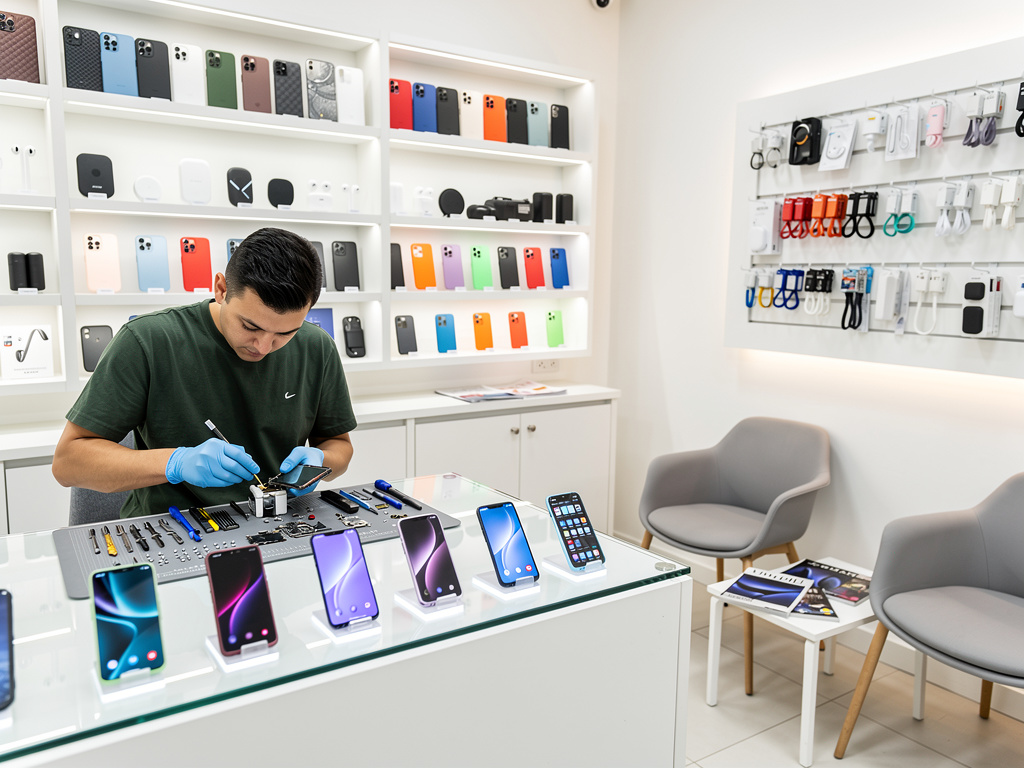 Técnico reparando un teléfono móvil en tienda de accesorios y smartphones