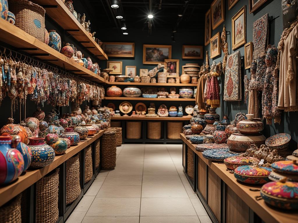 Tienda de artesanías con coloridas cerámicas y cestas tejidas, decorada con tapices y cuadros en las paredes.
