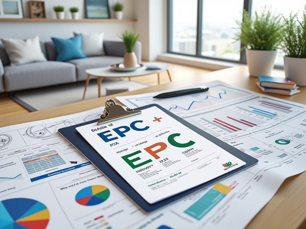 Modern office with energy performance certificates, graphs, and plants on a wooden desk, large window view.