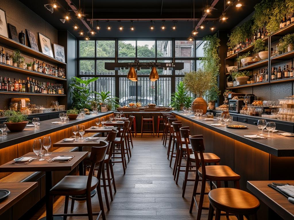 Interior de un elegante restaurante con estanterías de bebidas, mesas puestas y decoración de plantas en un ambiente contemporáneo.