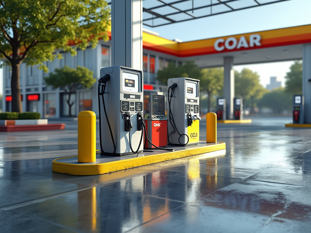 Estación de servicio moderna con surtidores de gasolina y fachada de COAR al fondo, rodeada de árboles y pavimento mojado.