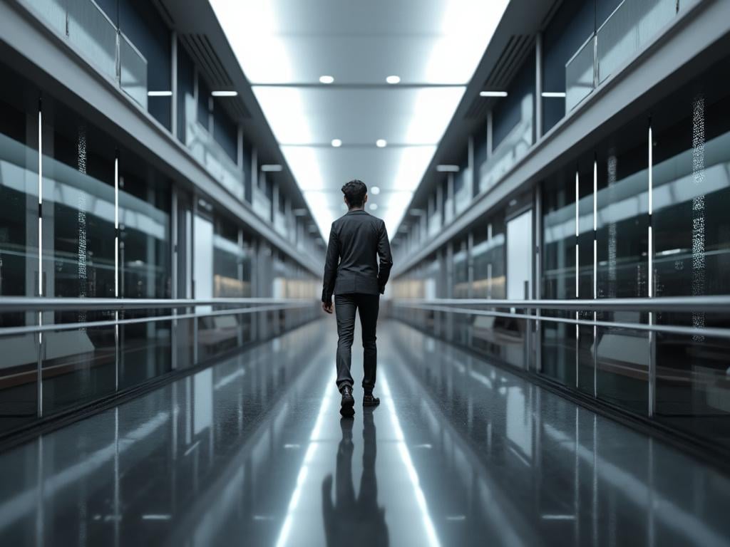 Hombre caminando por un pasillo moderno de techo alto y paredes de vidrio.