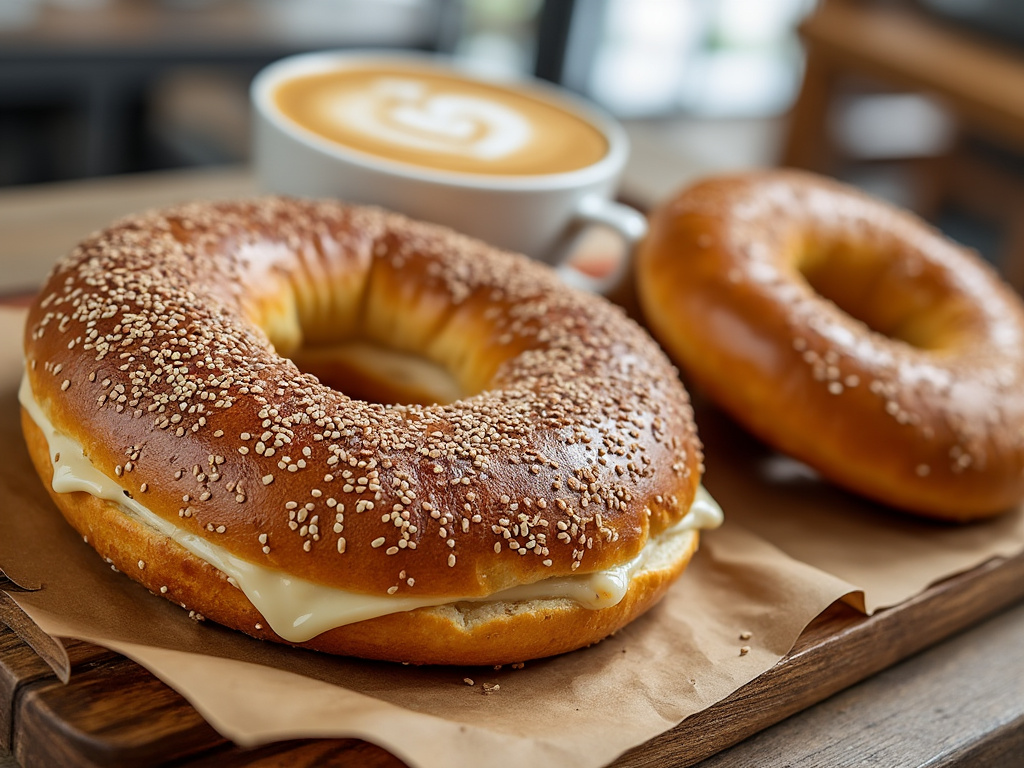 Bagels con semillas de sésamo y queso derretido junto a una taza de café con leche en una mesa de madera.