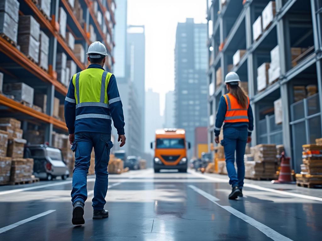 Trabajadores con chalecos reflectantes y cascos caminando en un almacén con estantes llenos de cajas y camiones de fondo en una ciudad.