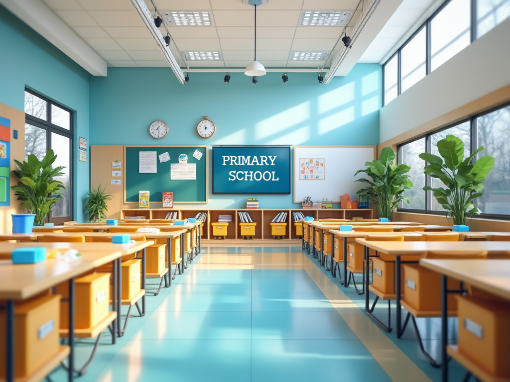 Aula de escuela primaria con escritorios amarillos, pizarra verde y plantas decorativas.