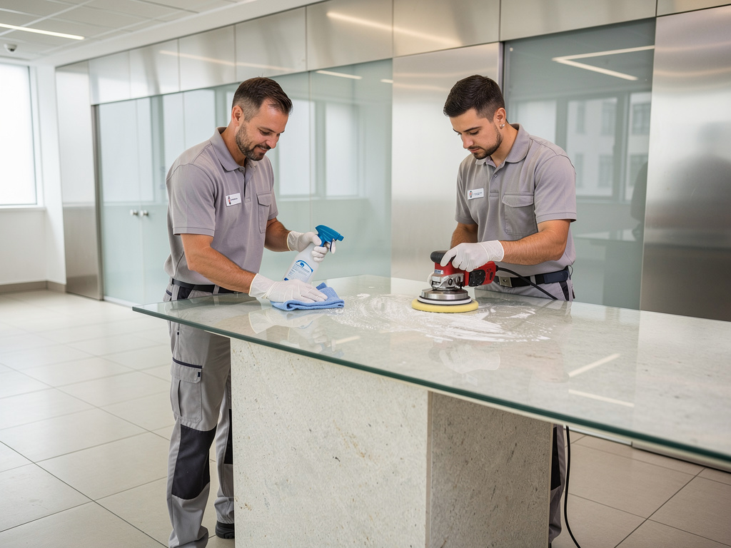 Dos técnicos de limpieza profesional desinfectan y pulen una encimera de vidrio en una oficina moderna