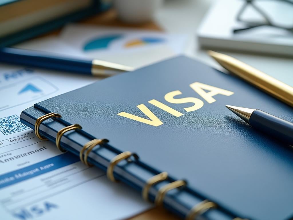 Cuaderno azul con la palabra 'VISA' en la portada, acompañado de un bolígrafo dorado sobre una mesa con documentos. Cuaderno azul con la palabra 'VISA' en la portada, acompañado de un bolígrafo dorado sobre una mesa con documentos.