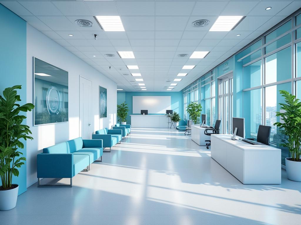 Oficina moderna con paredes azules, escritorios blancos, plantas decorativas y área de espera con sofás azules.