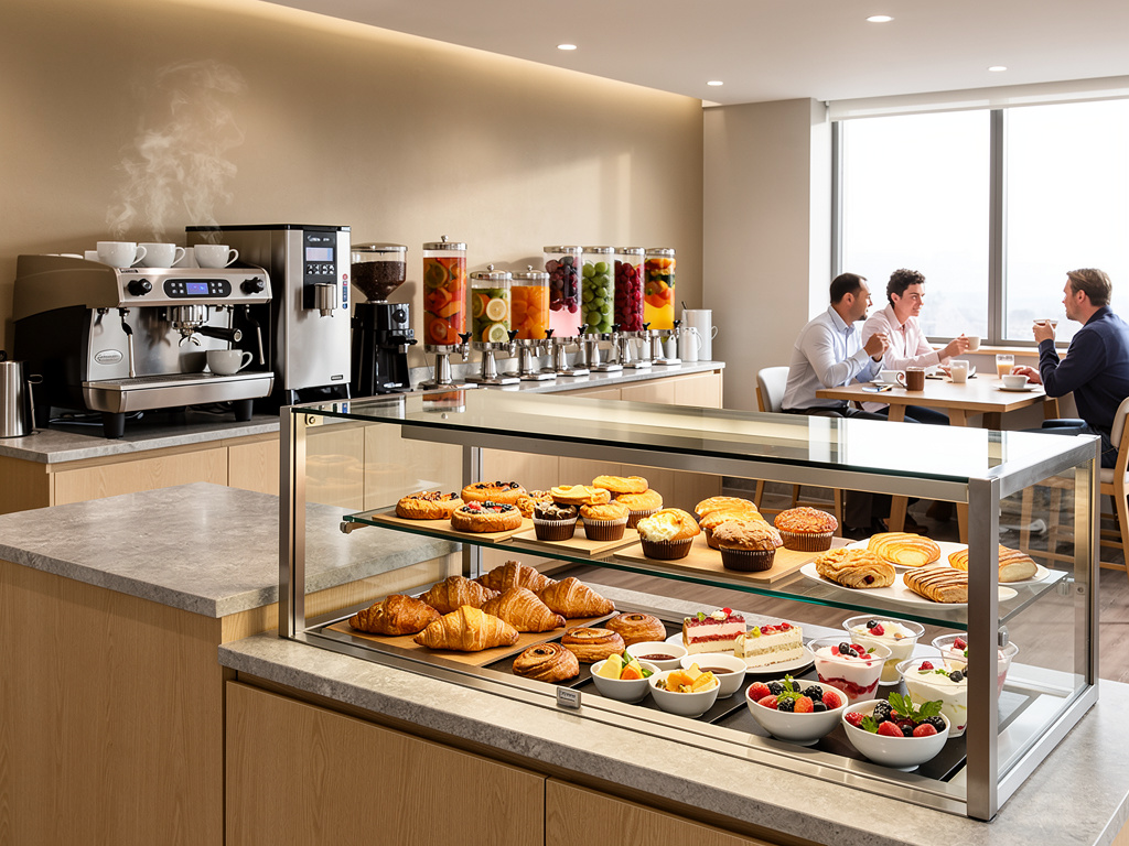 Buffet de desayuno en hotel con vitrina de pasteles, croissants, frutas, café y bebidas en cafetería moderna Buffet de desayuno en hotel con vitrina de pasteles, croissants, frutas, café y bebidas en cafetería moderna