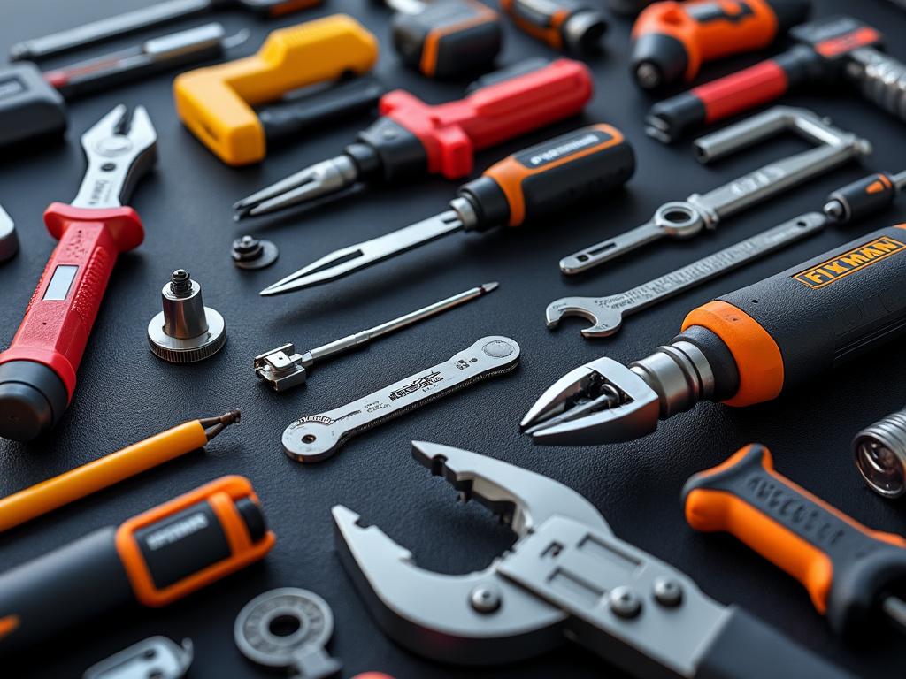 Vista superior de un conjunto de herramientas de mano, incluyendo destornilladores, alicates y llaves, sobre una superficie negra.