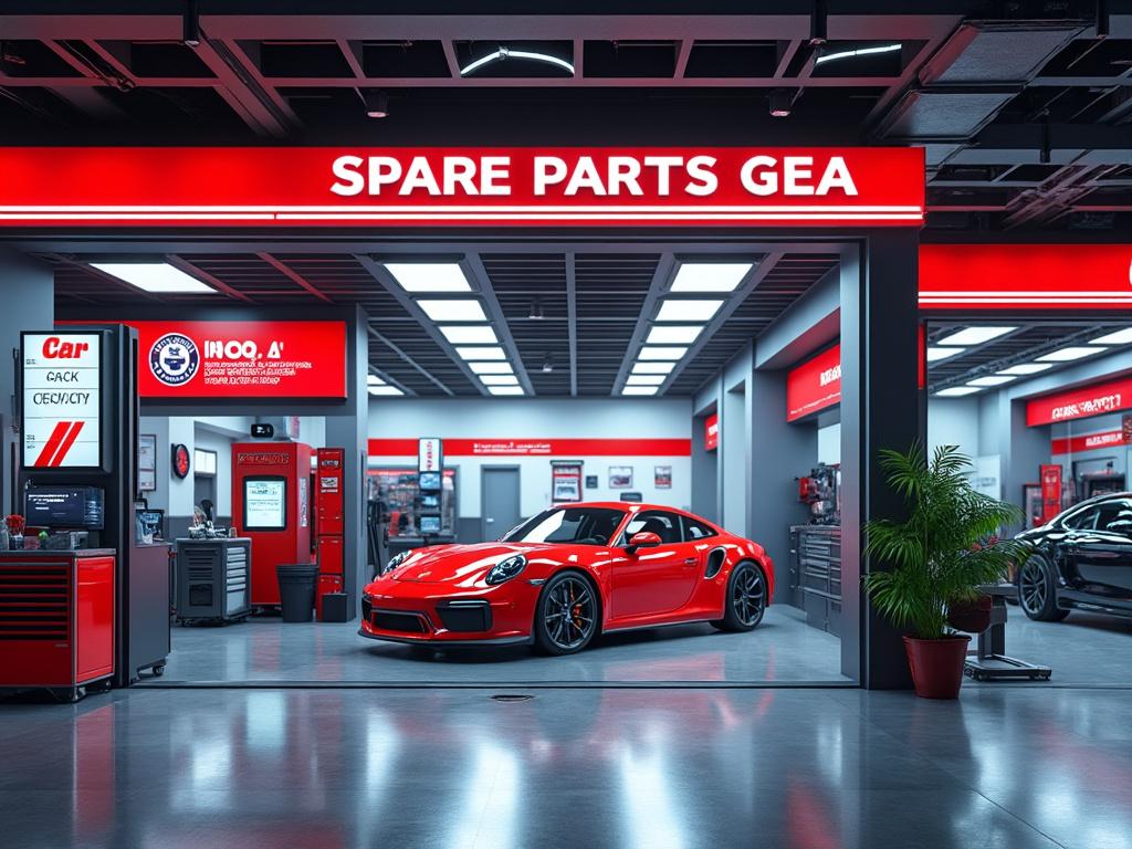Taller de autos con coche deportivo rojo aparcado, letrero de piezas de repuesto visible.