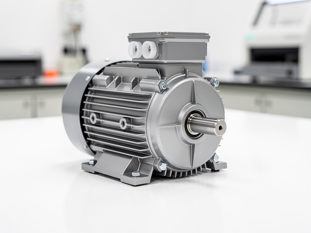 Motor eléctrico industrial gris con eje metálico sobre mesa en laboratorio