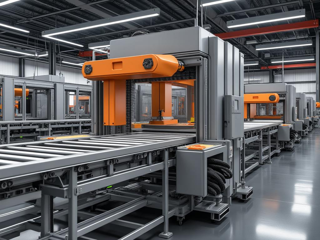 Modern automated conveyor system in a high-tech manufacturing facility with advanced machinery and industrial robotics. Modern automated conveyor system in a high-tech manufacturing facility with advanced machinery and industrial robotics.