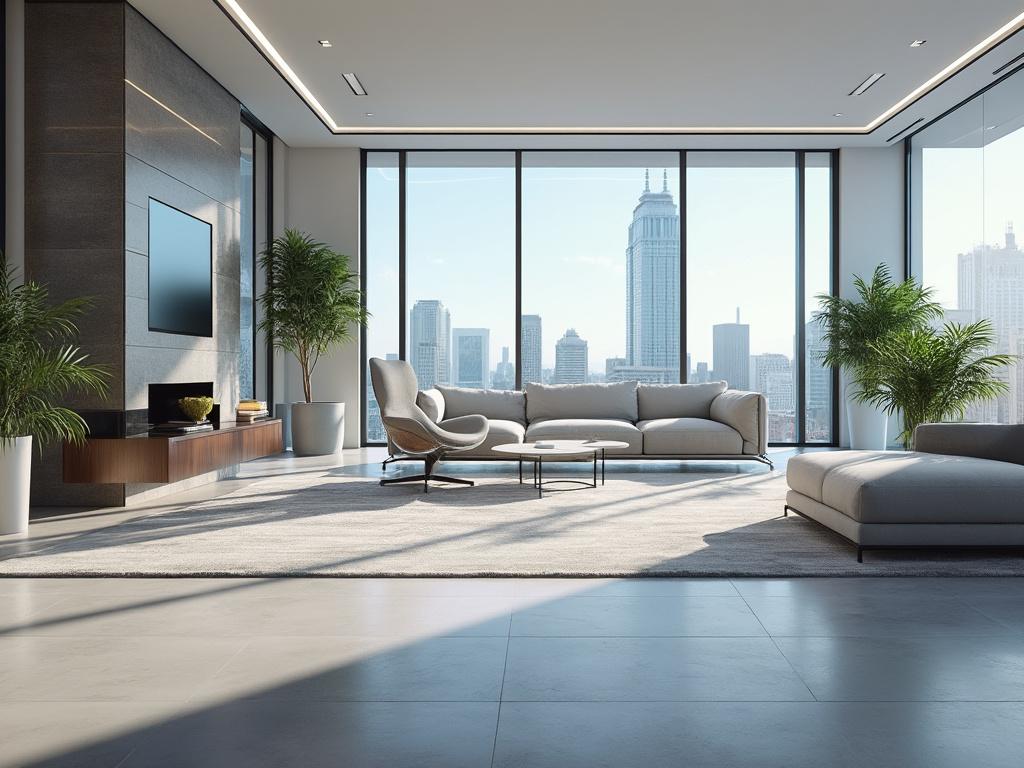 Moderno salón con grandes ventanas panorámicas, sofá beige, sillón, mesa de centro y plantas, con vista a una ciudad.