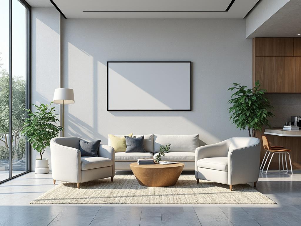 Sala de estar moderna con sofá blanco, sillones, mesa de centro de madera, plantas decorativas, alfombra beige y gran ventana que permite la entrada de luz natural. Sala de estar moderna con sofá blanco, sillones, mesa de centro de madera, plantas decorativas, alfombra beige y gran ventana que permite la entrada de luz natural.