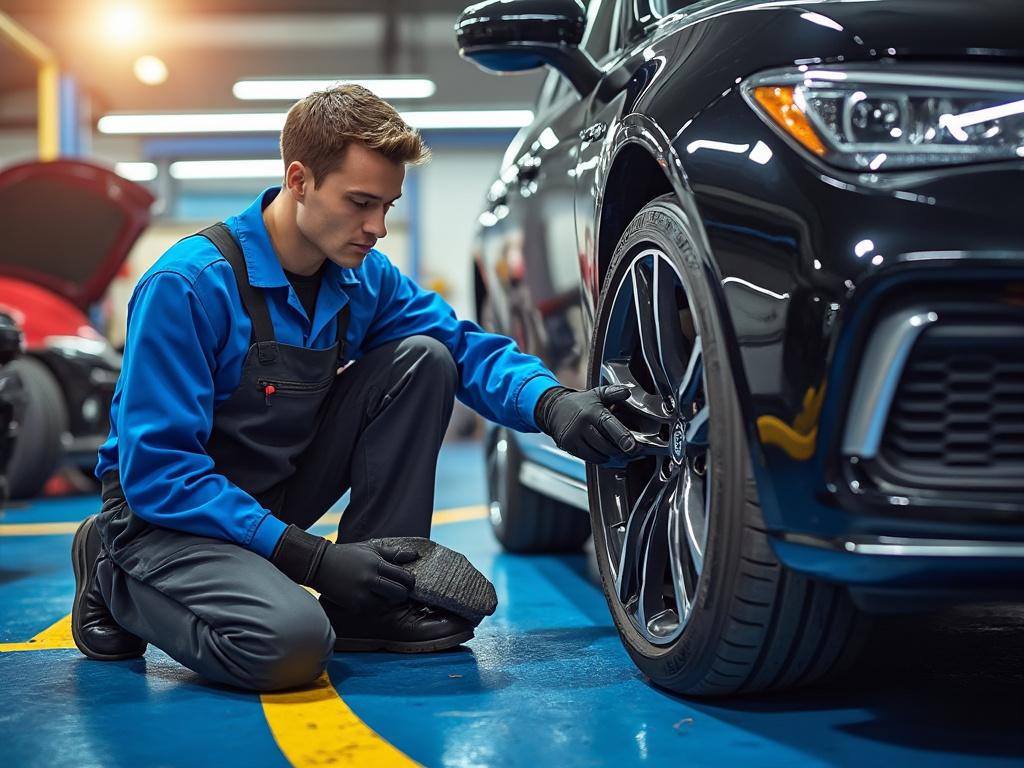 Mecánico revisando una rueda en un taller de automóviles moderno.