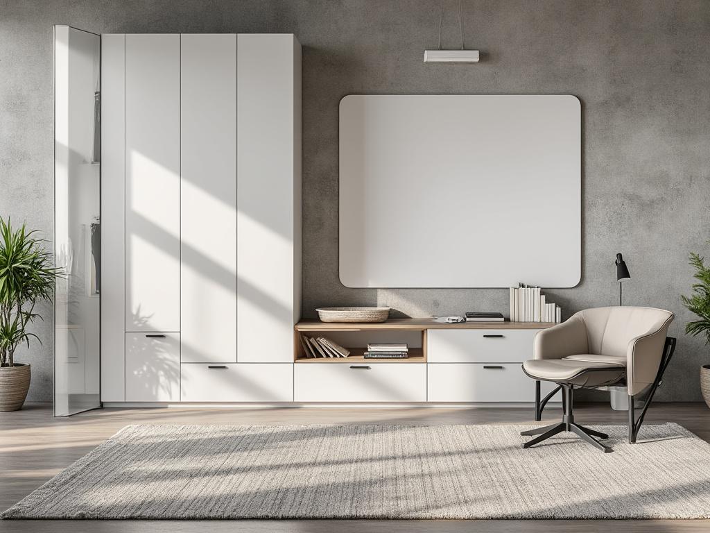 Sala de estar moderna con armario blanco, silla beige, alfombra gris y plantas decorativas.
