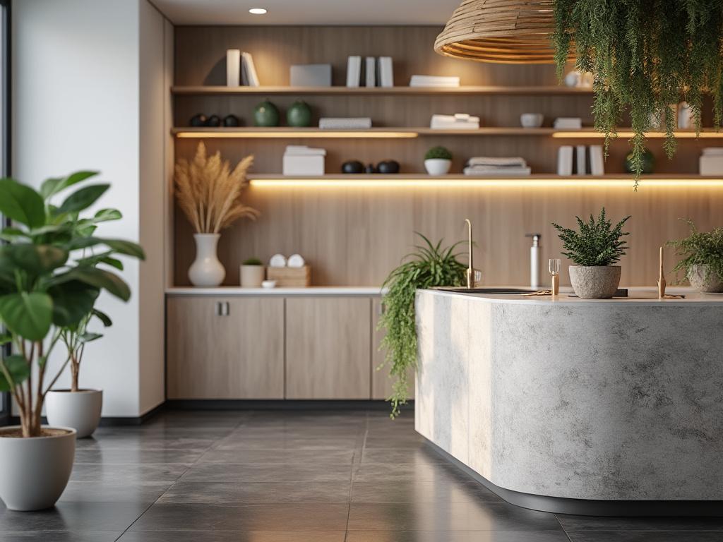 Cocina moderna con isla de mármol, plantas y estanterías de madera con iluminación suave, diseño minimalista y elegante.