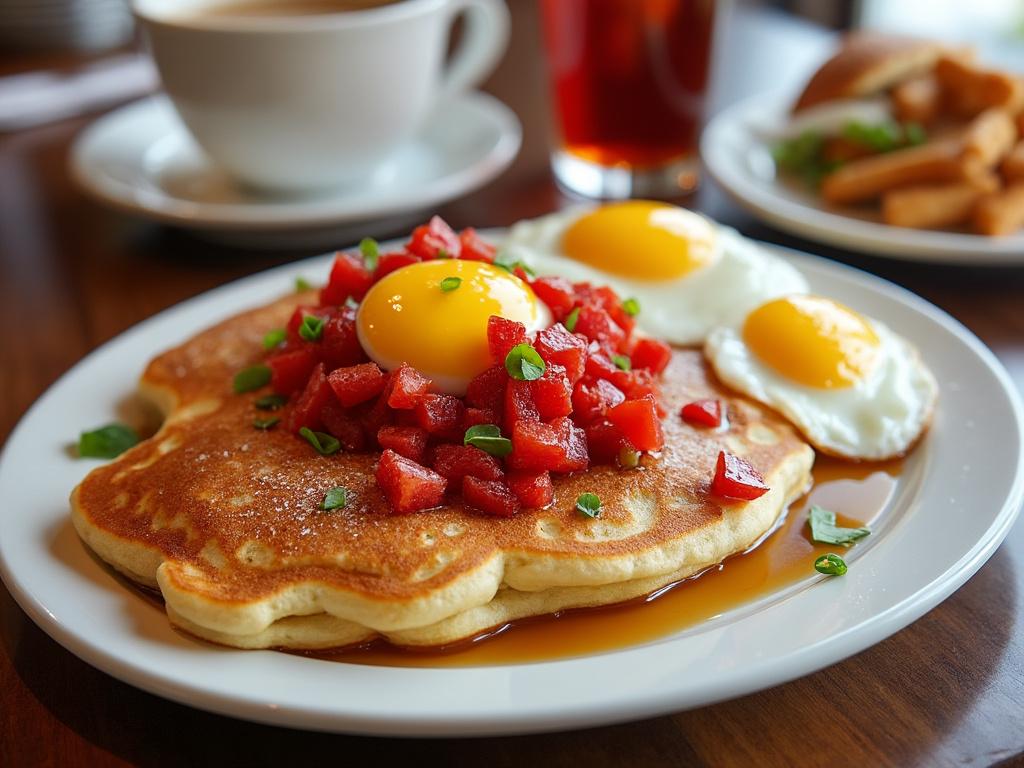 Delicious pancakes topped with diced strawberries and a sunny side up egg, served with additional eggs and garnished with herbs on a plate.