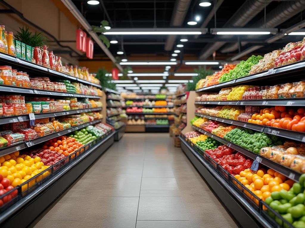 Pasillo de supermercado con estantes llenos de frutas y verduras frescas, organizado por colores.