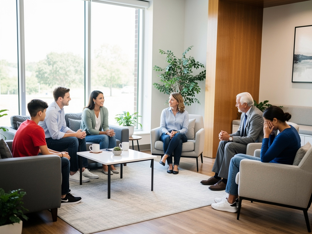 Family therapy session in a bright modern counseling office with therapist and diverse group seated in chairs