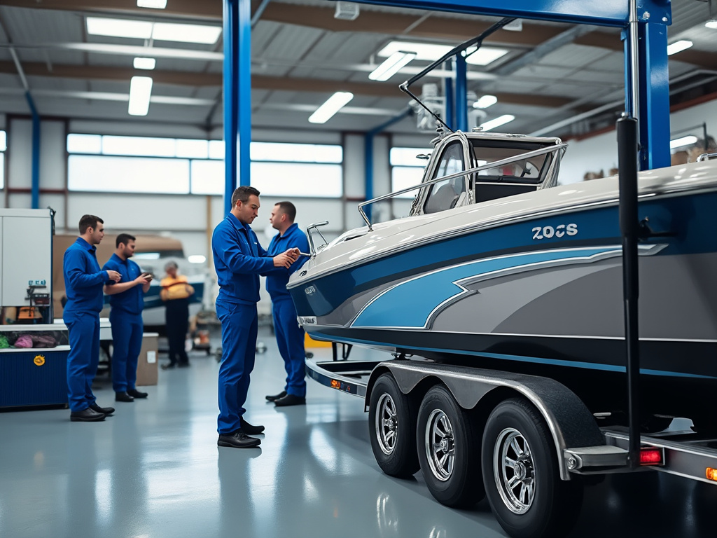 Team of workers inspecting a blue and gray boat on a trailer in a modern warehouse setting.