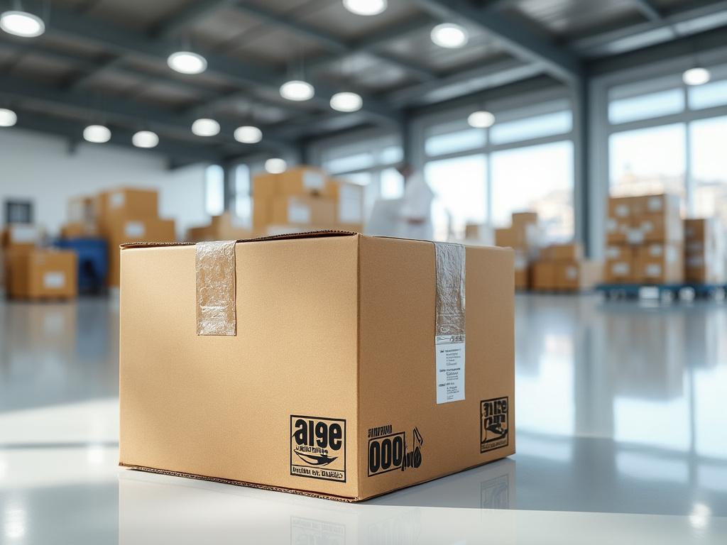 Caja de cartón en un almacén con otras cajas en el fondo.