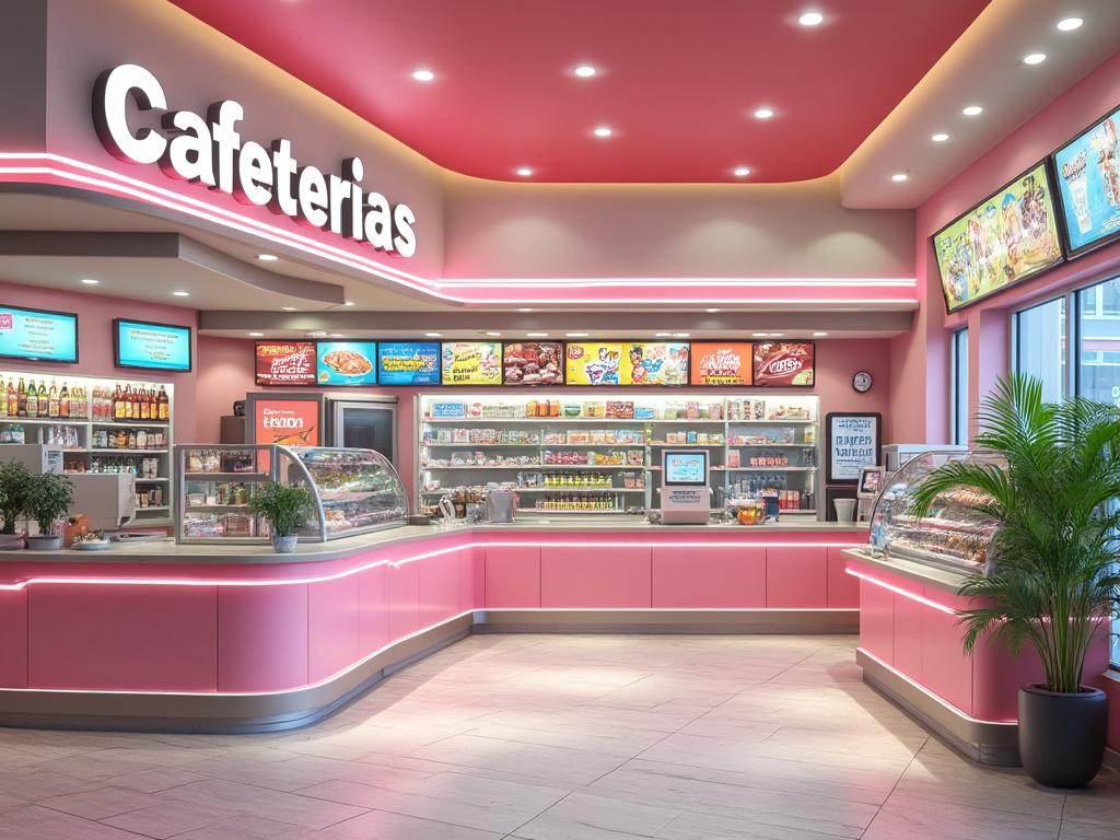 Cafetería moderna con mostrador rosa, vitrinas de alimentos, bebidas, plantas decorativas y carteles iluminados.