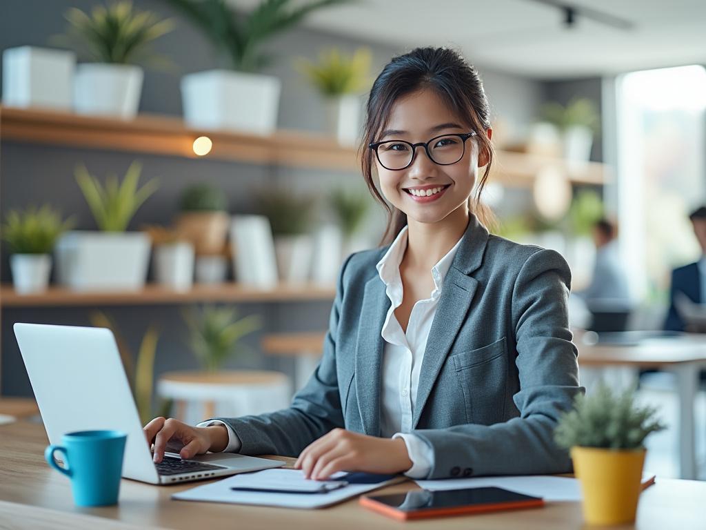 Mujer joven con gafas trabajando en una oficina moderna, sonriente frente a un portátil, con plantas decorativas en el fondo.