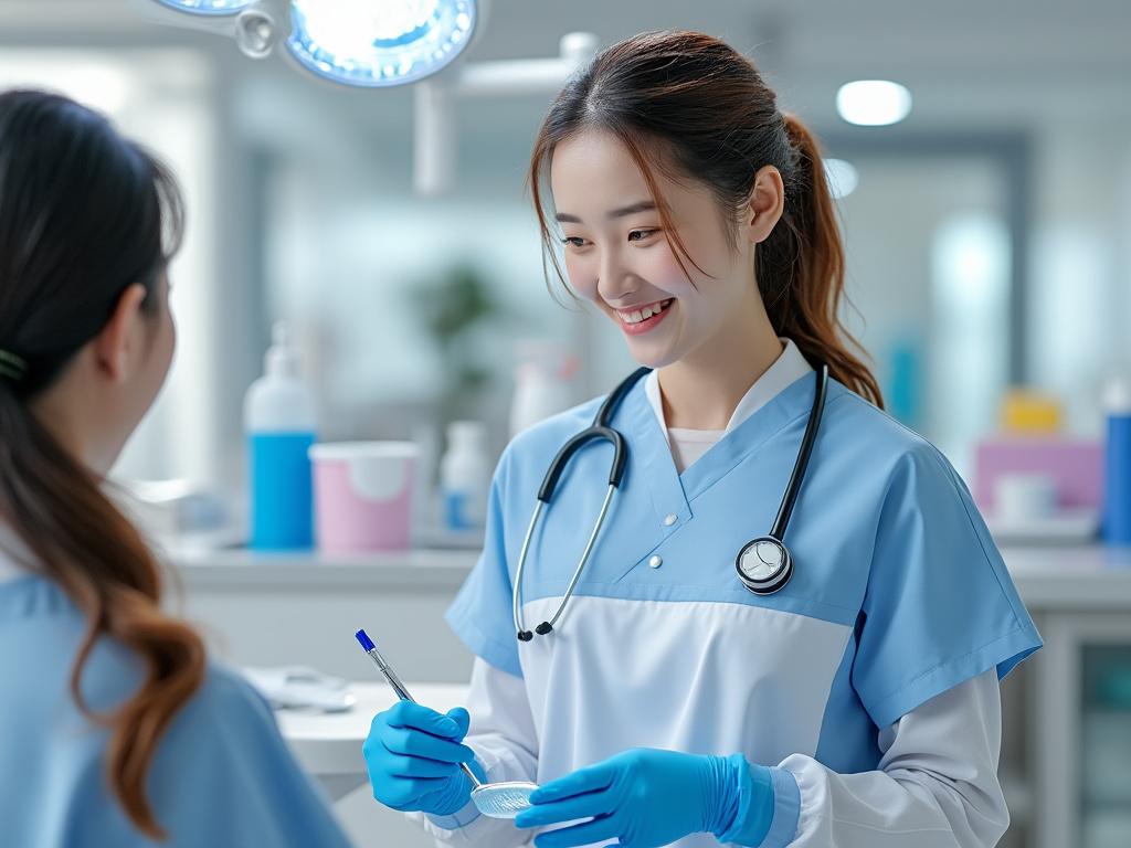 Doctora con bata azul y estetoscopio sonriendo mientras habla con una paciente, en un consultorio.