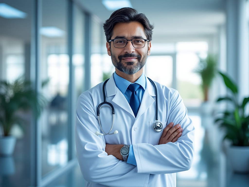 Doctor con bata blanca y estetoscopio, sonriendo en un entorno profesional moderno con plantas.